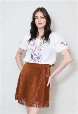 Vintage 70's Fringed Brown Wrap Boho Tassel Mini Skirt