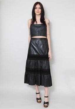  80's Vintage Ladies Tiered Soft Black Leather Midi Skirt 