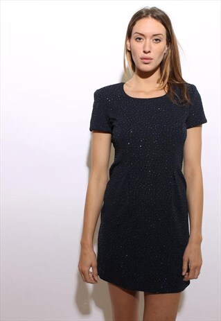 VINTAGE 1990'S 90'S NAVY BLUE GLITTER DOT SPARKLE DRESS M-L