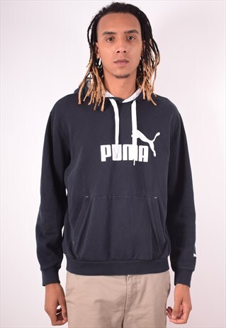 PUMA MENS VINTAGE HOODIE JUMPER LARGE BLACK 90S