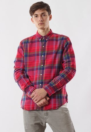 VINTAGE POLO RALPH LAUREN 90S RED PLAID CHECK LONG SLEEVE