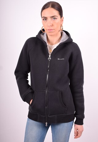 CHAMPION WOMENS VINTAGE HOODIE JACKET LARGE BLACK 90'S