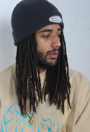 Vintage No Fear Y2K Rib Knitted Beanie Hat Cap Blue