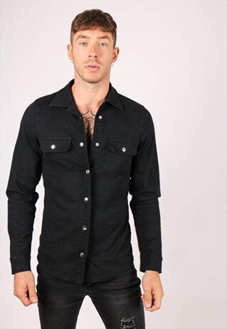 LIQUOR N POKER MUSCLE FIT STRETCH DENIM SHIRT IN BLACK