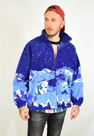 VINTAGE 90S BLUE POLAR BEAR PRINT FLEECE JACKET
