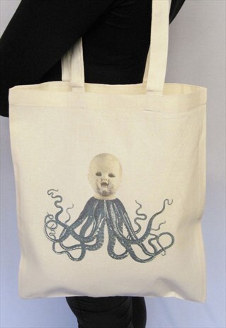 TOTE BAG IN NATURAL CANVAS WITH CREEPY DOLLOCTOPUS PRINT