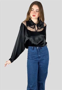 70's Black Satin Batwing Oversized Ladies Vintage Blouse