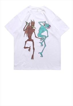 Devil print t-shirt dancing Satan tee Gothic top in white