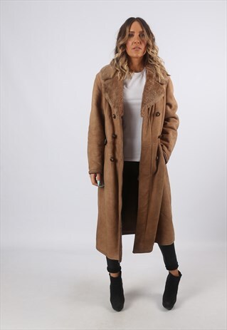 SHEEPSKIN SUEDE LONG COAT SHEARLING UK 12 MEDIUM (A8BB)