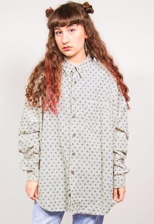 VINTAGE 90'S WHITE FLORAL PATTERN CORD LONG SLEEVE SHIRT