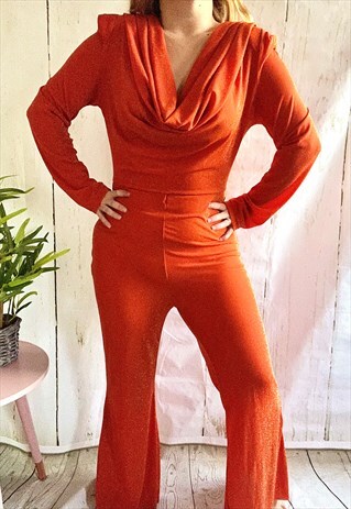 Vintage Orange Glitter Cowl Neck Y2K Festival Jumpsuit