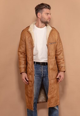 Vintage 80's Men Belted Sheepskin Coat in Brown