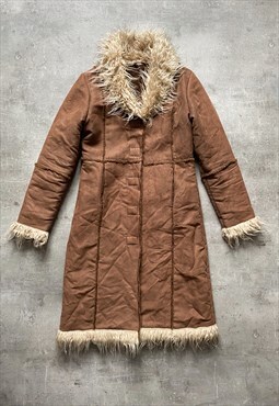 Vintage Y2K 00s suede penny lane afghan coat in brown