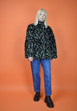 Vintage dark grey cheetah print faux fur coat