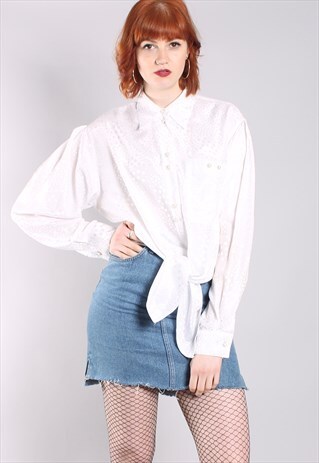 VINTAGE 80S SATIN PATTERNED TIE UP BLOUSE