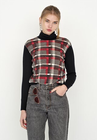 VINTAGE MULTI CHECKED RETRO TURTLE NECK JUMPER