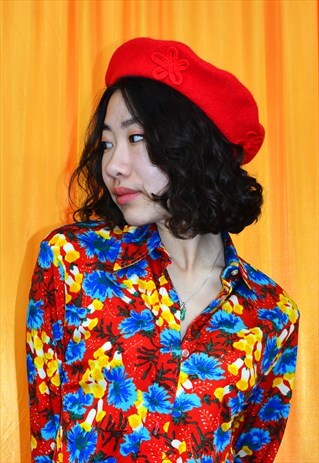 VINTAGE 90S BERET BRIGHT RED FLORAL EMBROIDERED WOOL HAT