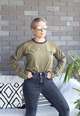 VINTAGE Y2K ADIDAS WASHED GREEN 3 STRIPE LONG SLEEVED TSHIRT