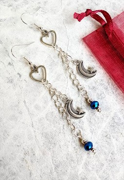 Love Heart Celestial Moon Crystal Trickle Earrings
