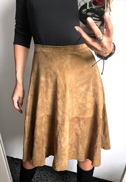 Vintage Brown Suede Midi Full Boho Knee Length Skirt S
