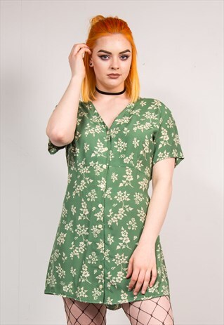 90'S VINTAGE GRUNGE GREEN FLORAL BUTTON FRONT MINI DRESS