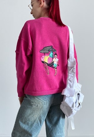 VINTAGE 80S PINK JUMPER WITH EMBROIDERED GRAPHIC