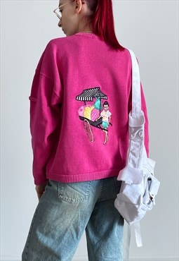 Vintage 80s pink jumper with embroidered graphic