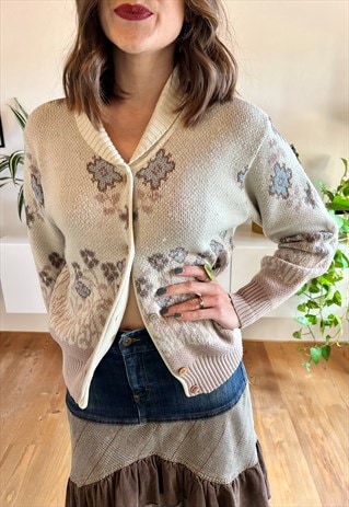 1980'S VINTAGE TAN AND BLUE FLORAL SPRING CARDIGAN