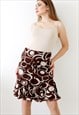 VINTAGE Y2K FLOUNCED MIDI SKIRT ABSTRACT PRINT FRILLY HEM S