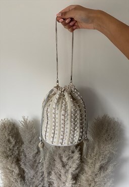 Cream Pearl Embroidered Drawstring Potli/ Pouch Bag
