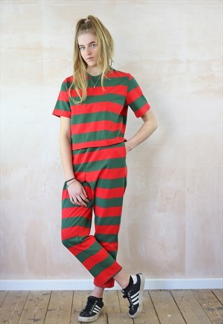 CROP TROUSERS & BOX TOP CO-ORDINATES IN RED & GREEN STRIPE