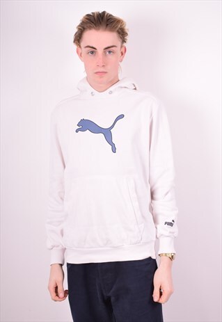 PUMA MENS VINTAGE HOODIE JUMPER SMALL WHITE 90'S