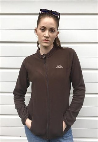 WOMENS VINTAGE KAPPA FLEECE JACKET ZIP UP TOP BROWN ZIPPER