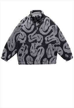 Emoji fleece jacket faux fur y2k smiley print bomber grey