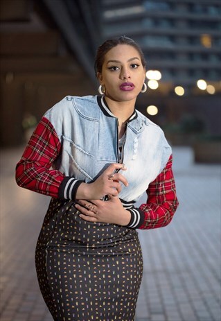 VINTAGE BLUE DENIM JACKET WITH RED CHECK SLEEVES
