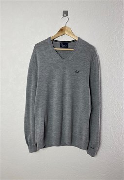 Mens FRED PERRY Jumper V-neck Wool Grey Size XL