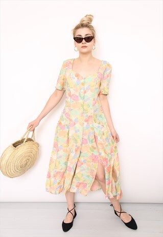 VINTAGE 80S PASTEL FLORAL BUTTON THROUGH MIDI DRESS