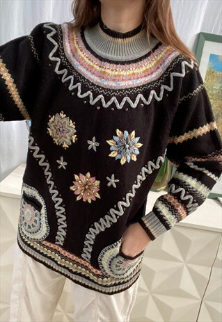 VINTAGE 90S PARAMOUR EMBROIDERED KNITTED JUMPER SWEATER 