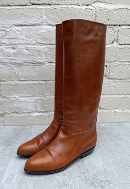 Long Pull On Tan Leather Riding Style Boots Size UK 8.5 