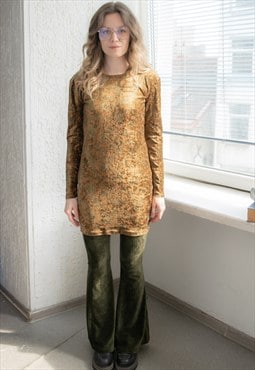 Vintage 70's Khaki/Brown Paisley Print Velvet Mini Dress