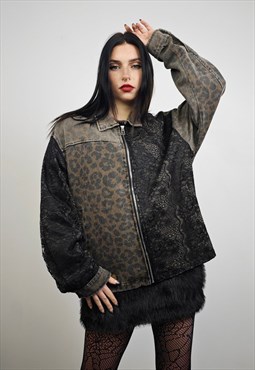 Leopard denim jacket reworked lace bomber jean varsity brown