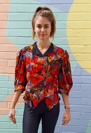 BLOUSE SHIRT TOP WITH RED & BLACK TROPICAL FLORAL PRINT
