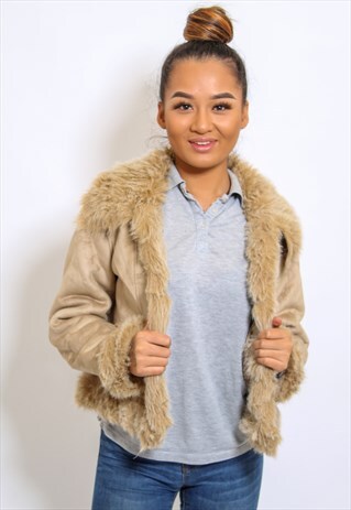 VINTAGE SHEARLING COAT JACKET IN BEIGE WITH FAUX FUR SMALL