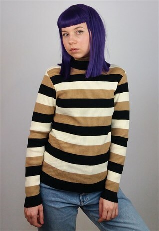 VINTAGE 90'S RIBBED KNIT STRIPED TURTLENECK JUMPER / SWEATER