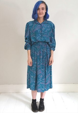 VINTAGE 80'S TURQUOISE PAISLEY SHIRT DRESS W/ MATCHING BELT