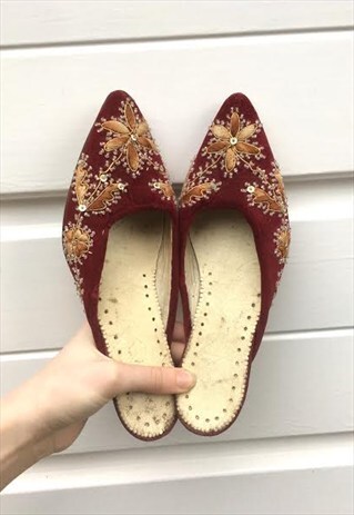 WOMENS VINTAGE RED VELVET STYLE SLIP ON MULES HEELS SHOES