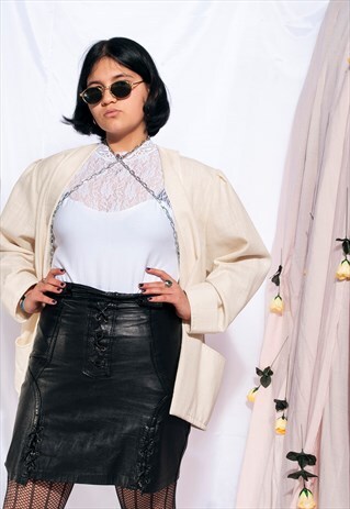 VINTAGE LEATHER SKIRT 80S BIKER BLACK LACE-UP MINI SKIRT