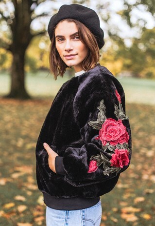 FAUX FUR BOMBER JACKET WITH EMBROIDERED ROSES
