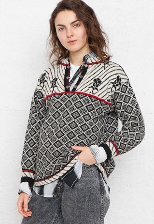 VINTAGE WHITE BLACK NORWEGIAN KNIT JUMPER SWEATER