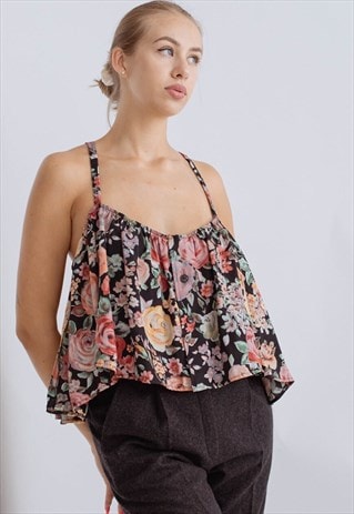 VINTAGE REWORKED COLORFUL FLORAL STRAPPY CROP TOP M/L